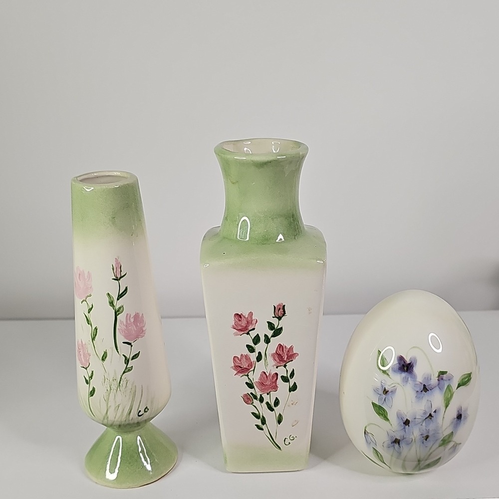 Ceramic Square Floral Flower Vase Green/White/Pink Glossy Finish C.G